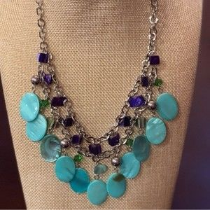Erica Lyons Turquoise Purple Dyed Shell Necklace Silver Tone # 268 Signed
